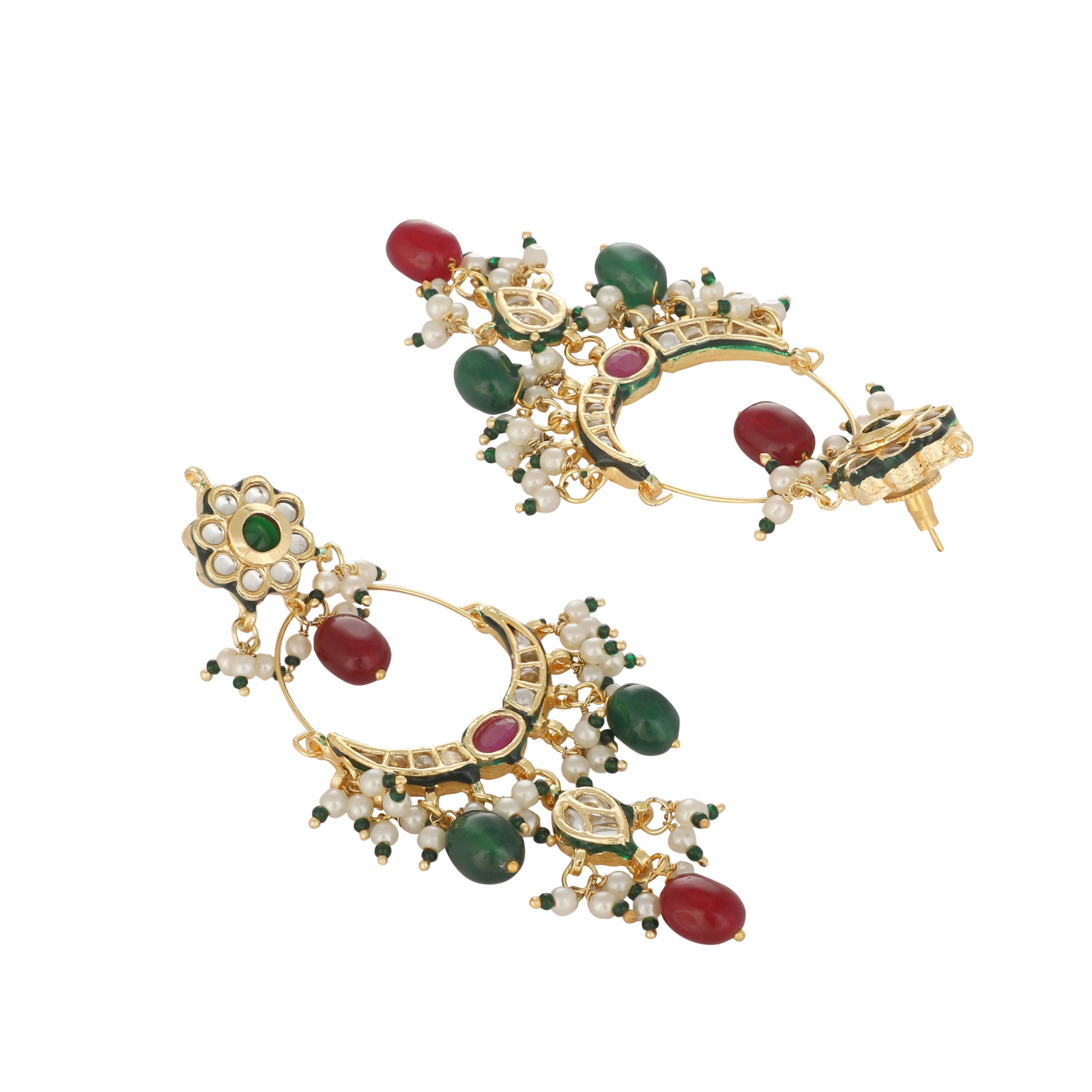 Nuyug 22K Gold Plated Crescent Kundan Drop Red Stone Chandbali Earrings