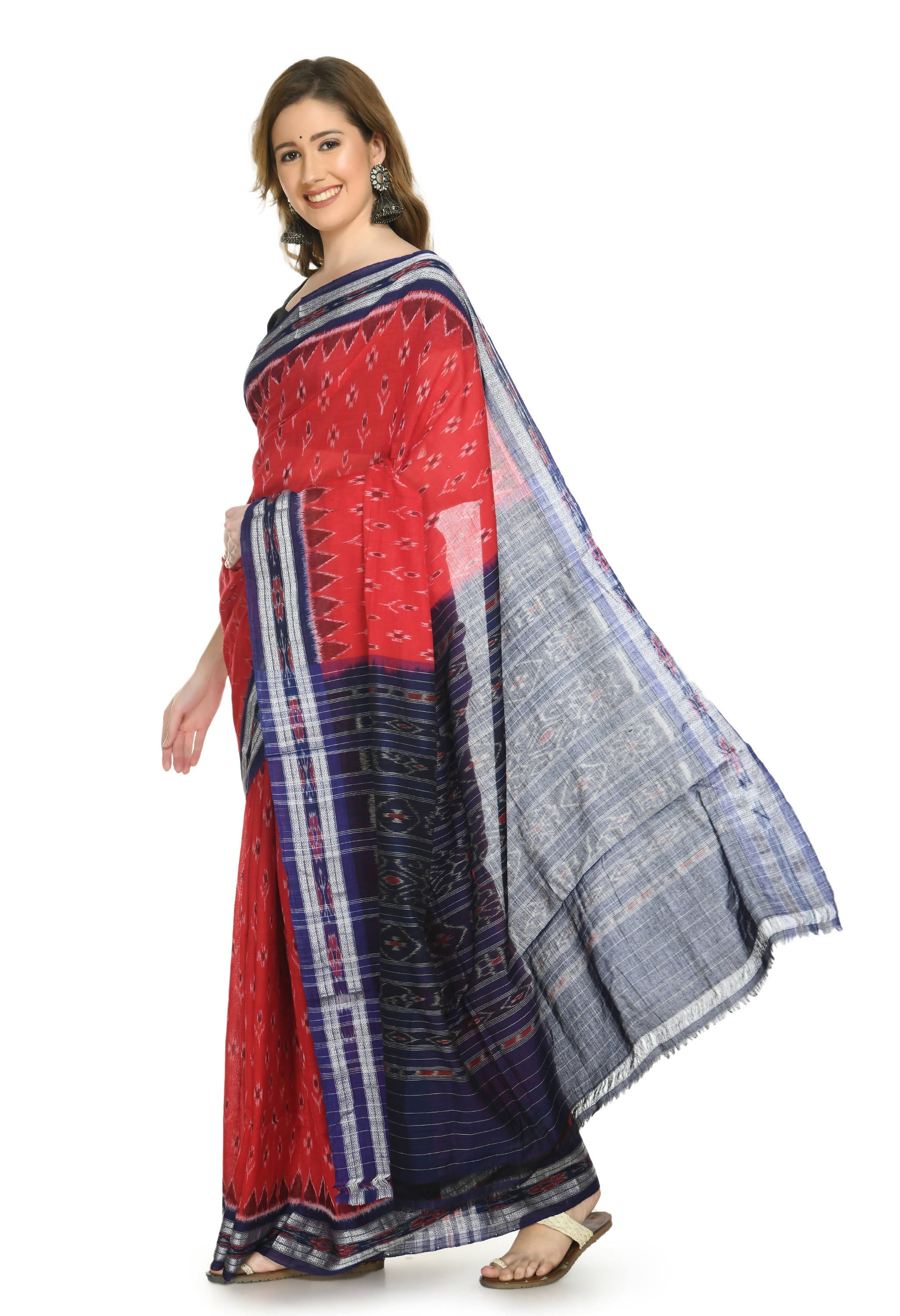 Vamika Sambalpuri Ikat Cotton Dehabandha Badafula Red & Blue Saree