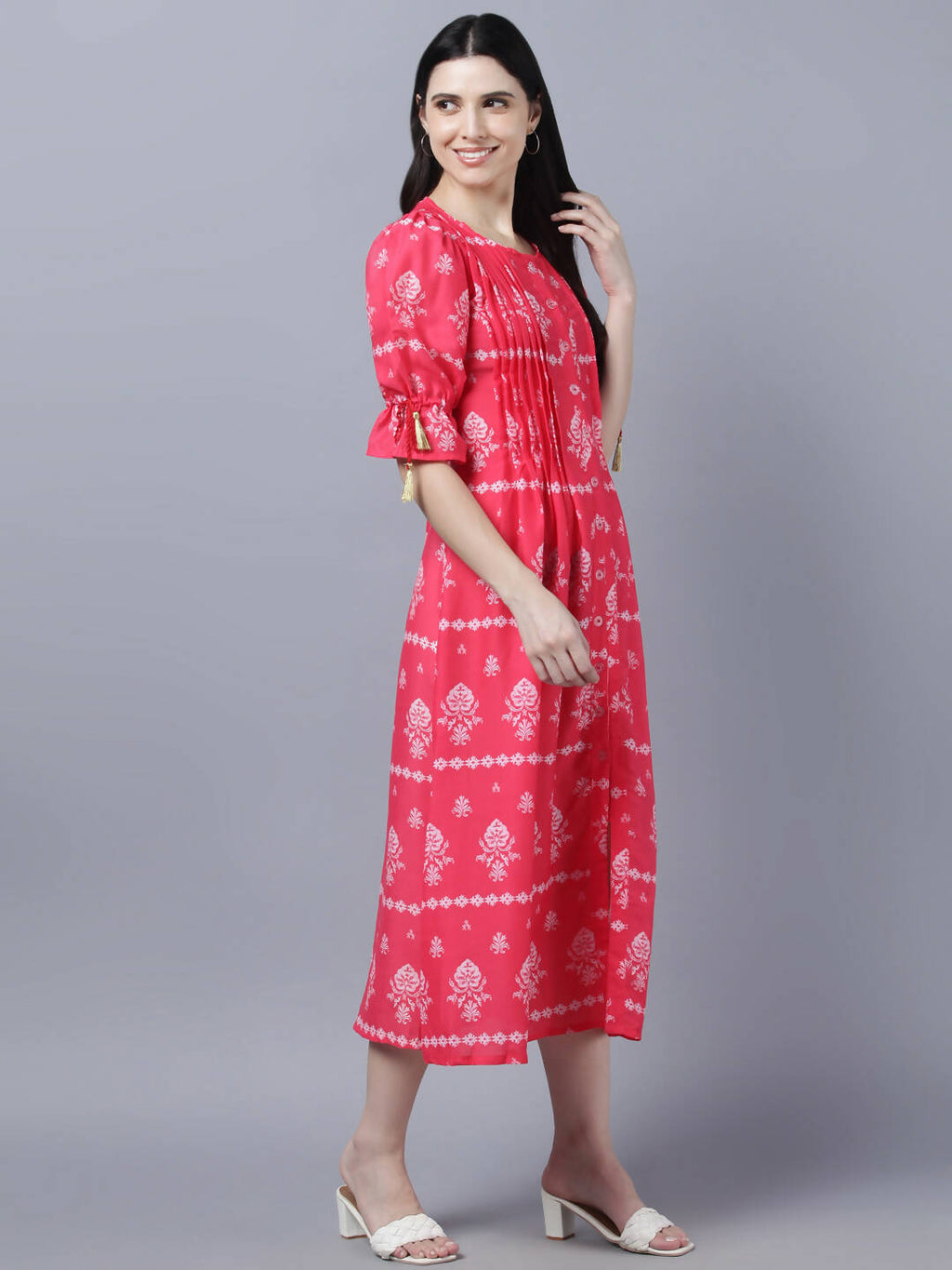 Myshka Women's Pink White Ethnic Motifs Printed Maxi Dress