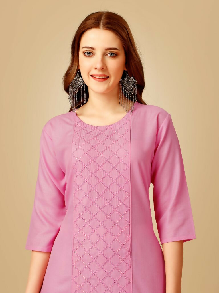 Jyoti Fashion Women's Pink Cotton Blend Embroidered Kurta Pant Set