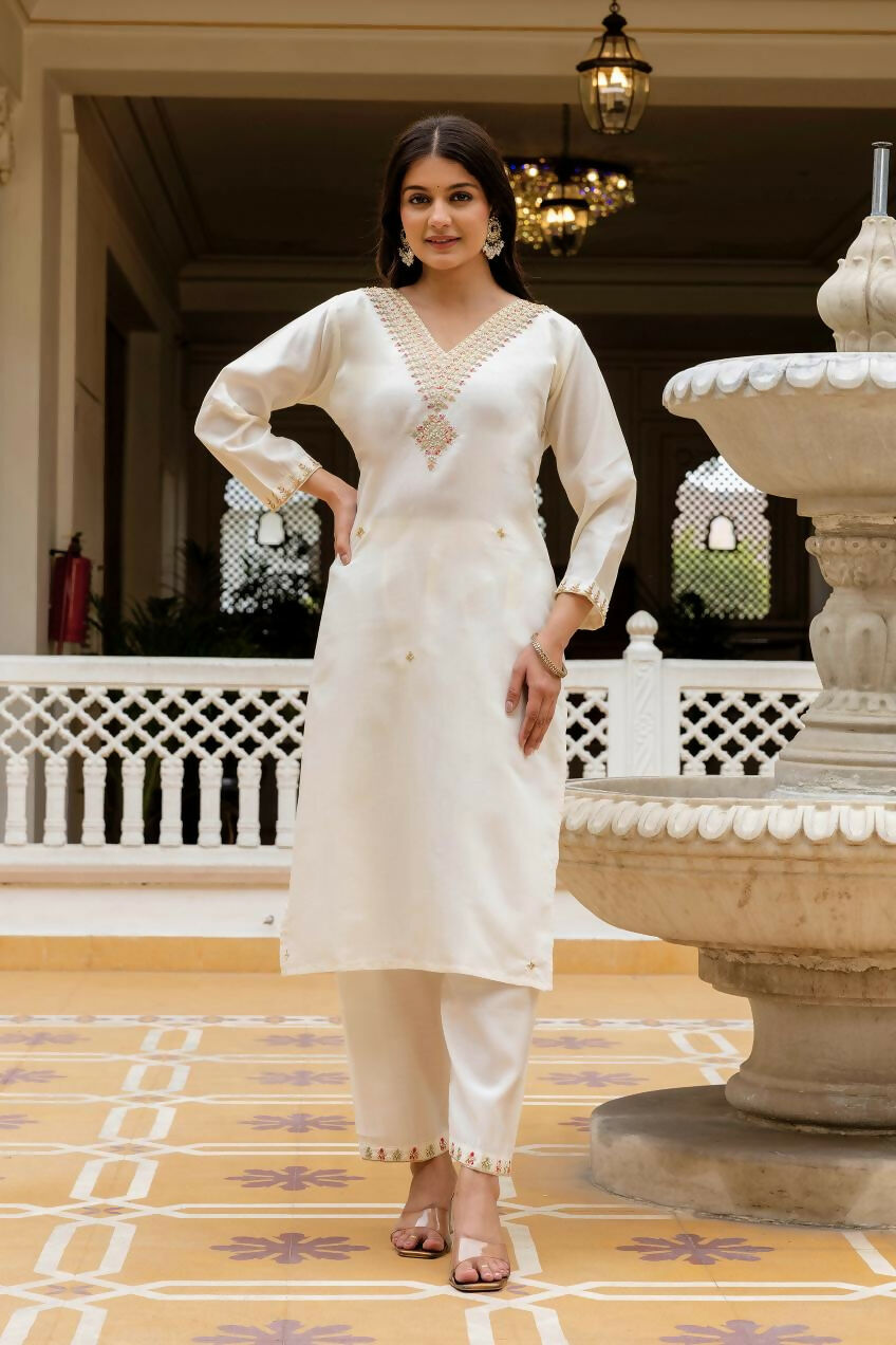 The52 White Women's Beautiful Viscose Chanderi Fabric Embroidered Work Straight Kurta Pant and Dupatta Set