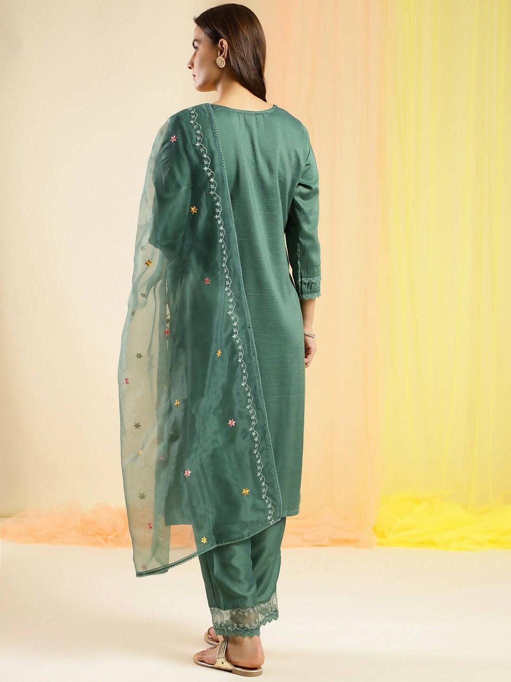 Green Chinon Embroidered Straight Kurta with Trouser & Dupatta - Salimar