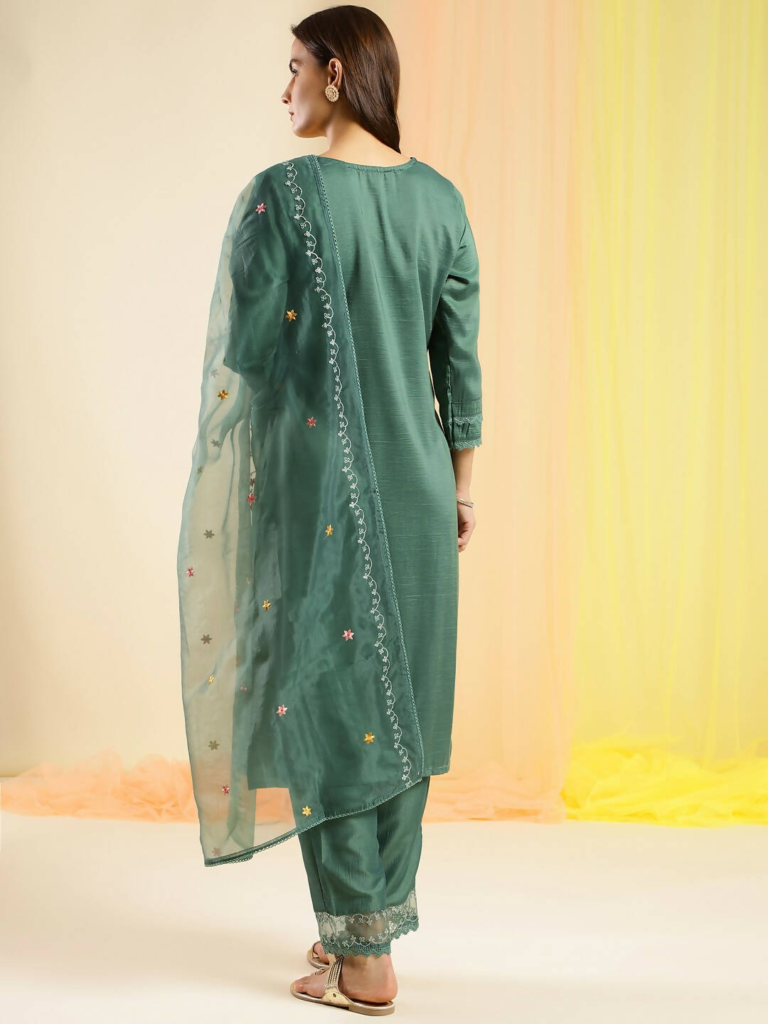Green Chinon Embroidered Straight Kurta with Trouser & Dupatta - Salimar