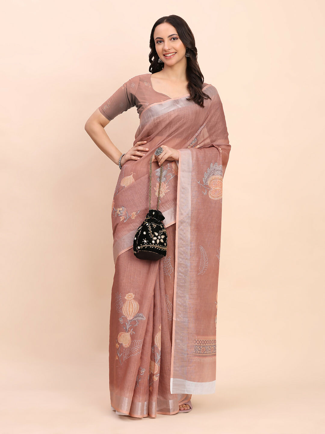 Shree Shyam Fashion Linen Cotton Brown Saree