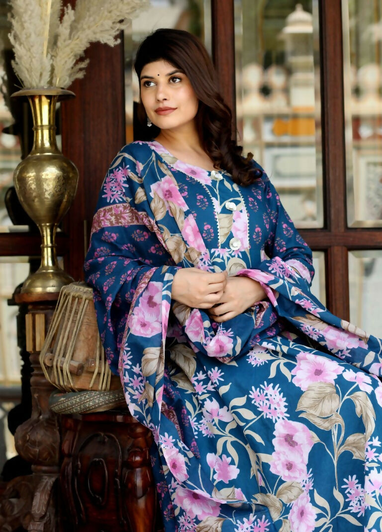 Miravan Women's Flower Printed Blue Anarkali Kurta And Dupatta