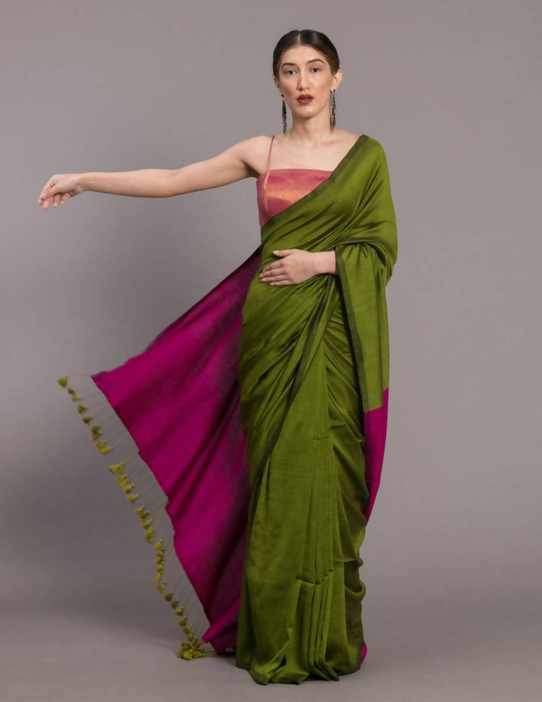 Suta Green Pink Colourblocked Saree