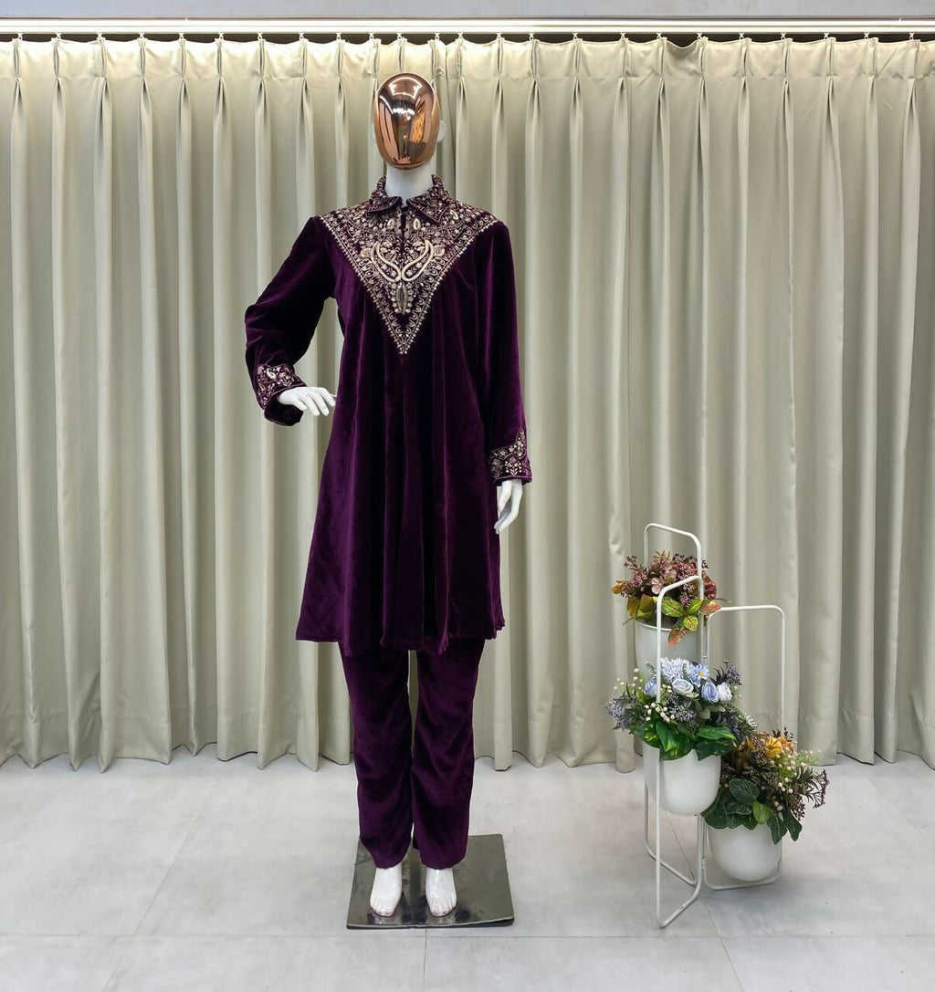 Vastranavya Purple Velvet Sequence Embroidery Work Top With Palazzo