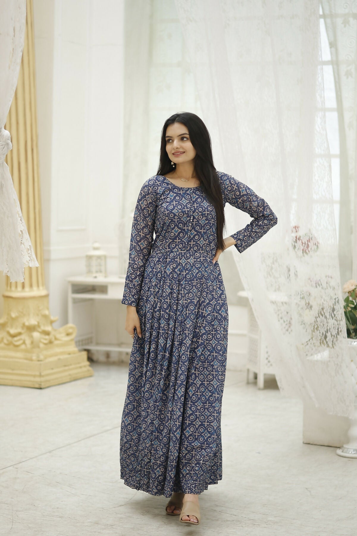 Aayaa Printed Faux Georgette with Embroidery Thread Sequins work Gown - Multi Color