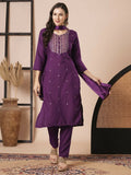 Purple Rayon Slub Embroidery Work Kurta Set - Riya
