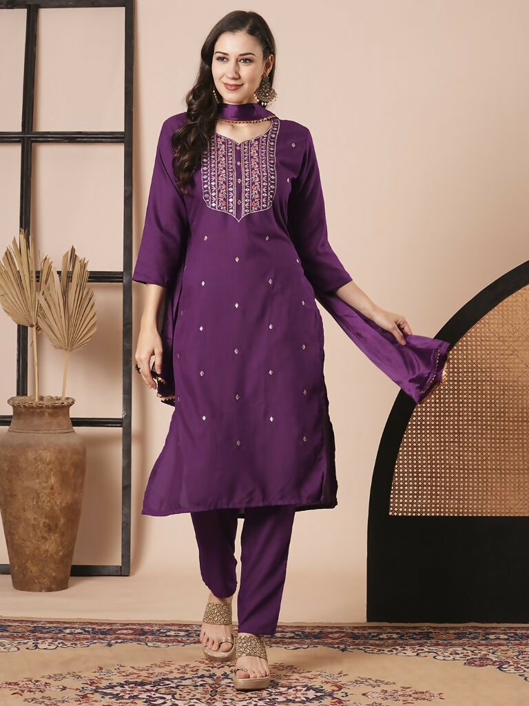 Purple Rayon Slub Embroidery Work Kurta Set - Riya