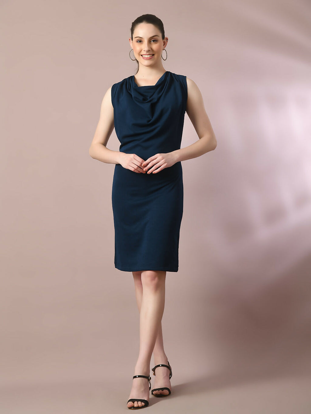 Myshka Women's Navy Blue Solid Cowl Neck Bodycon Party Dress