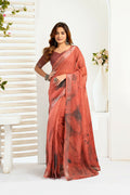 Vastranavya Brown Digital Printed Linen Ready To Wear Designer Saree with Unstitched Blouse