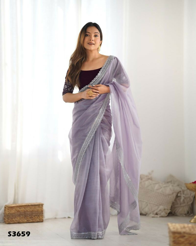 Attrctive Looking Gold Jari, Sequance Embroidery Work Twill Net Party Wear Saree - Lavender