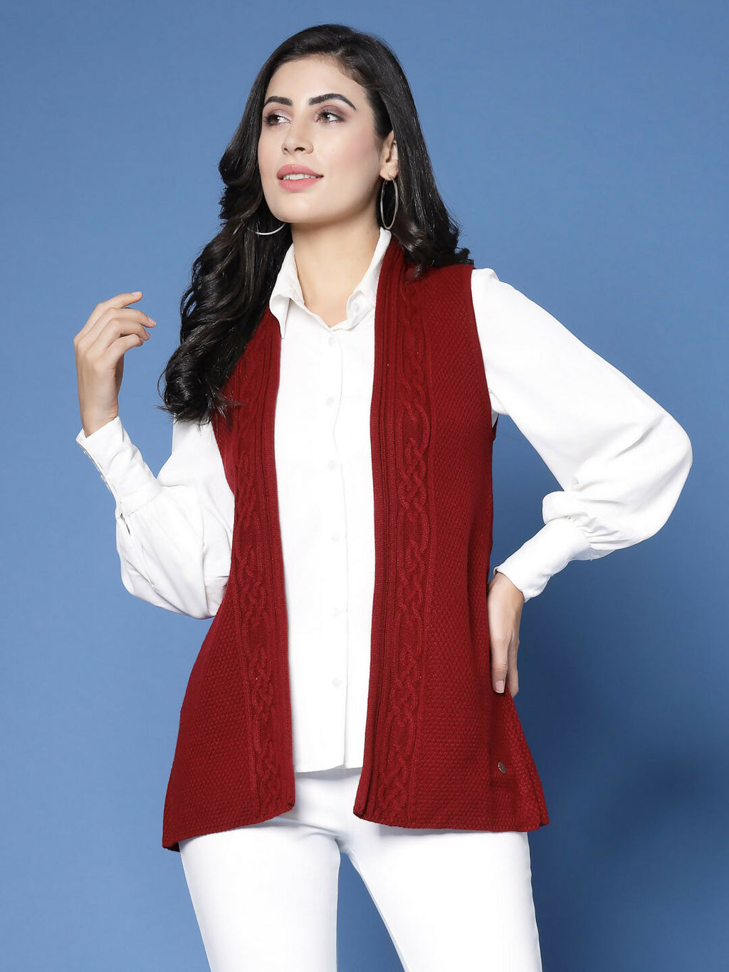 Women Winter Maroon Acrylic Cardigan - Wool Trees