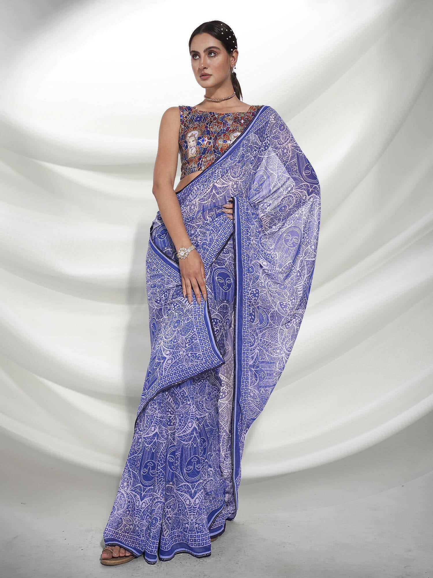 Blue Georgette Floral Printed Saree With Unstitched Blouse Piece - Rajal