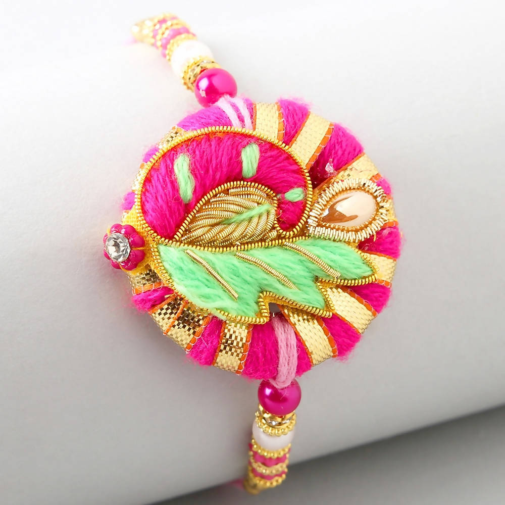Bright Peacock Zardosi Rakhi & Kaju Katli Box