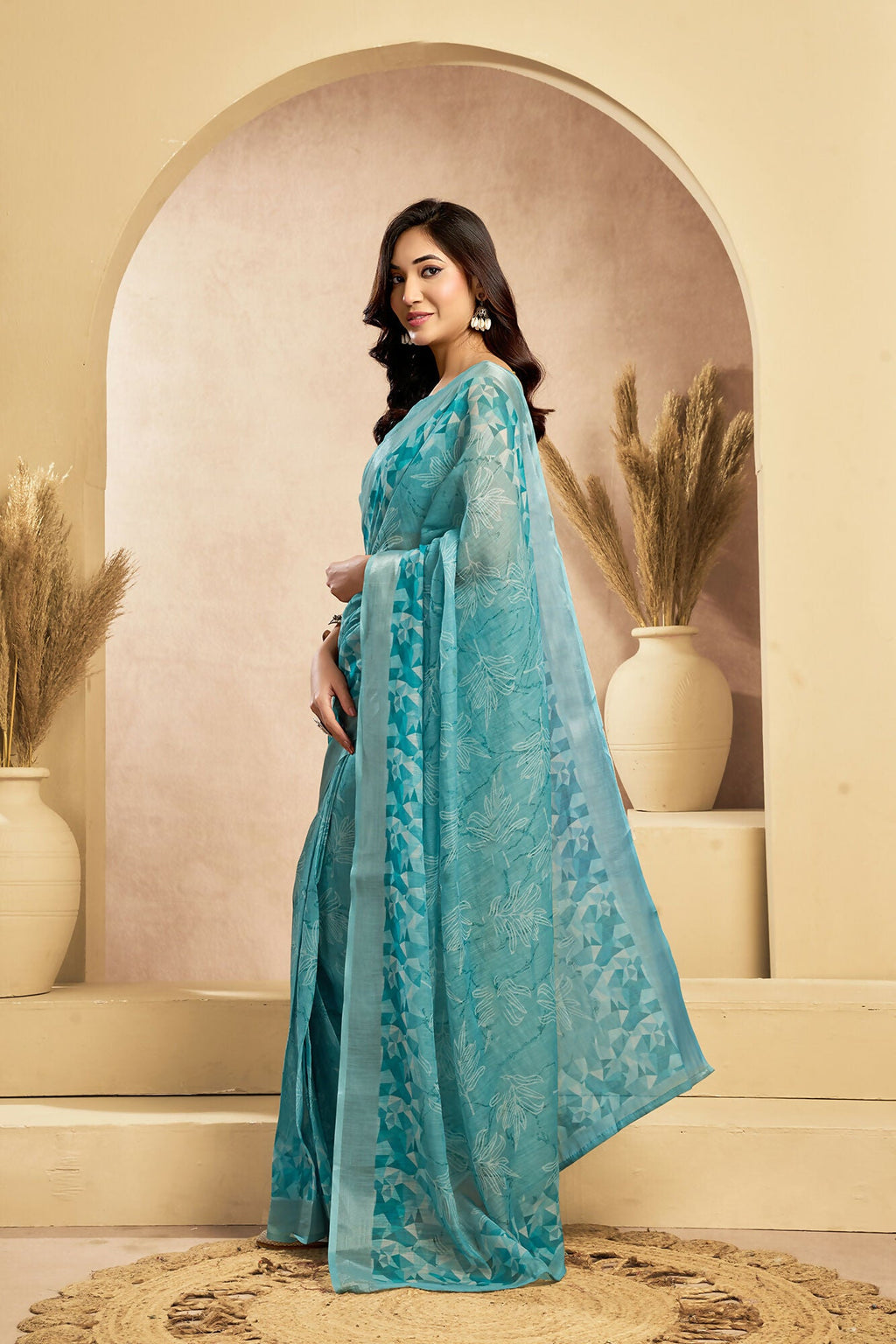 Vastranavya Sky Blue Digital Printed Linen Ready To Wear Designer Saree with Unstitched Blouse