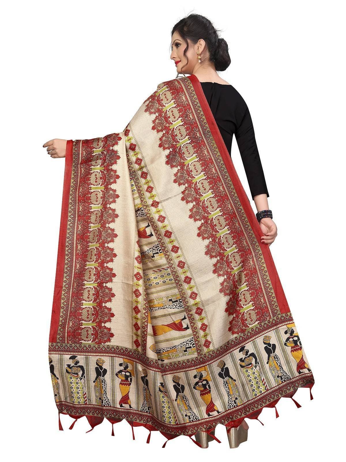 Vamika Latest Multi Colour Red Printed Khadi Bhagalpuri Dupatta