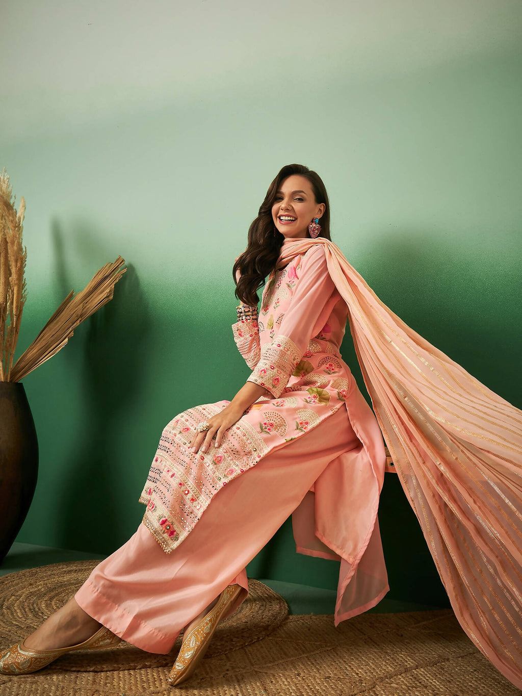 Peach Georgette Handwork Unstitched Dress Material - Hanika