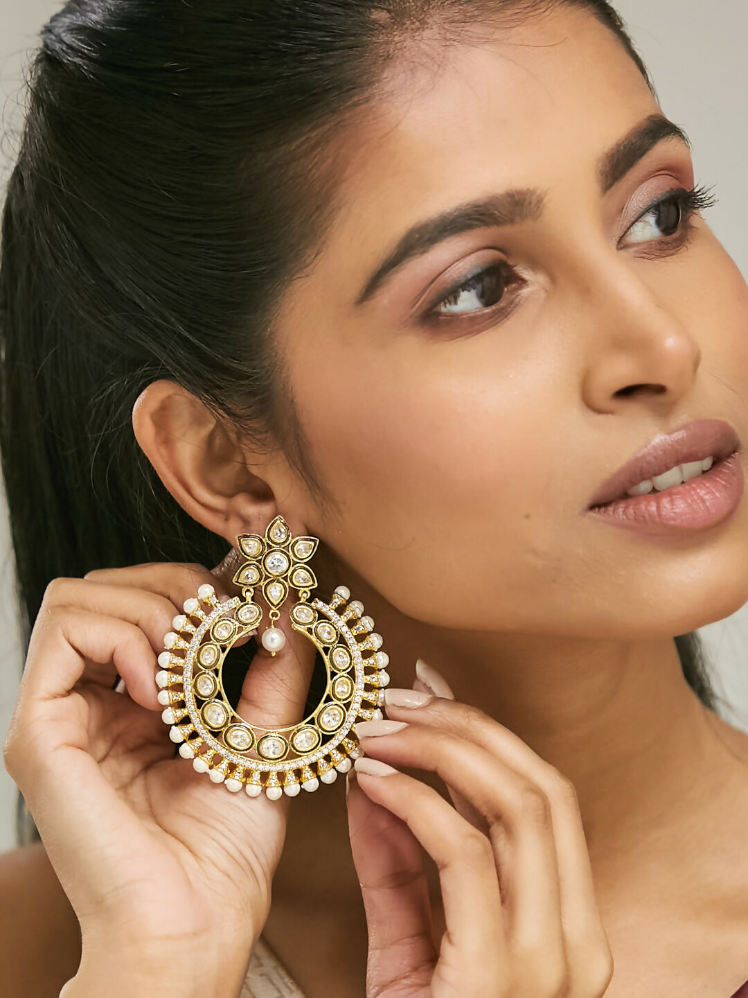 Nuyug 22K Gold-Plated Kundan Studded & Pearl Beaded Floral Chandbali Earrings