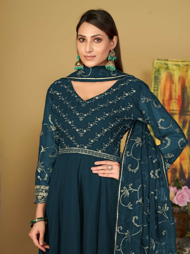 Jyoti Fashion Women's Teal Georgette Embroidered Anarkali Kurta Pant Set With Dupatta