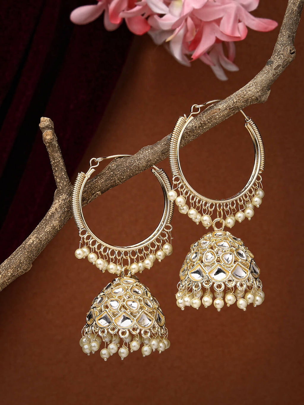 NVR Women Gold-Polished Handcrafted Kundan Jhumka Earrings