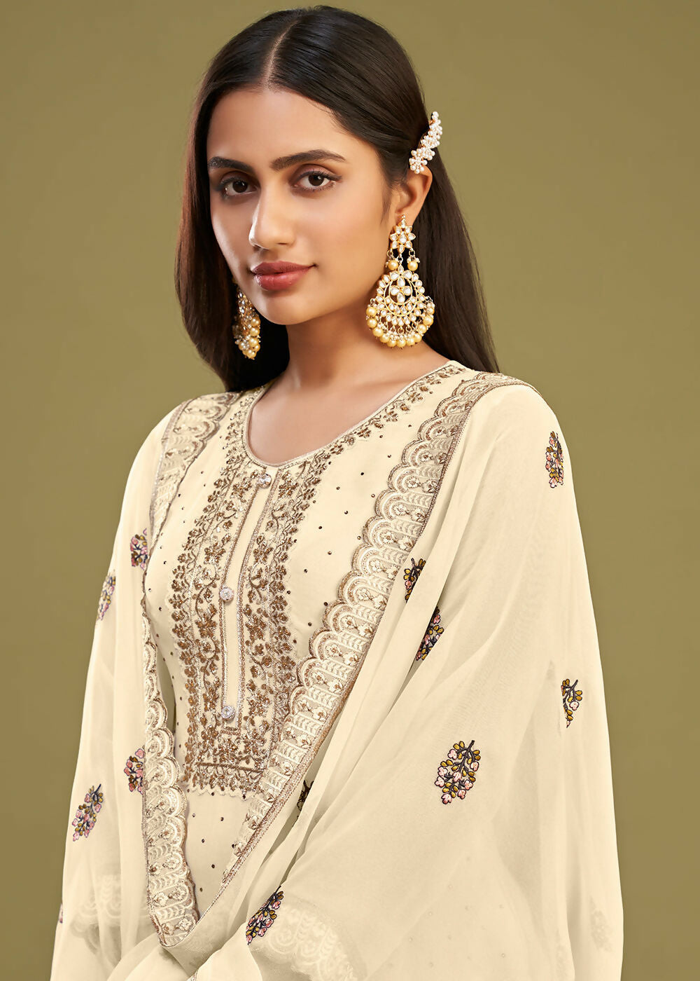 Off White Swarovski Work & Embroidered Eid Wear Salwar Suit - Emponline