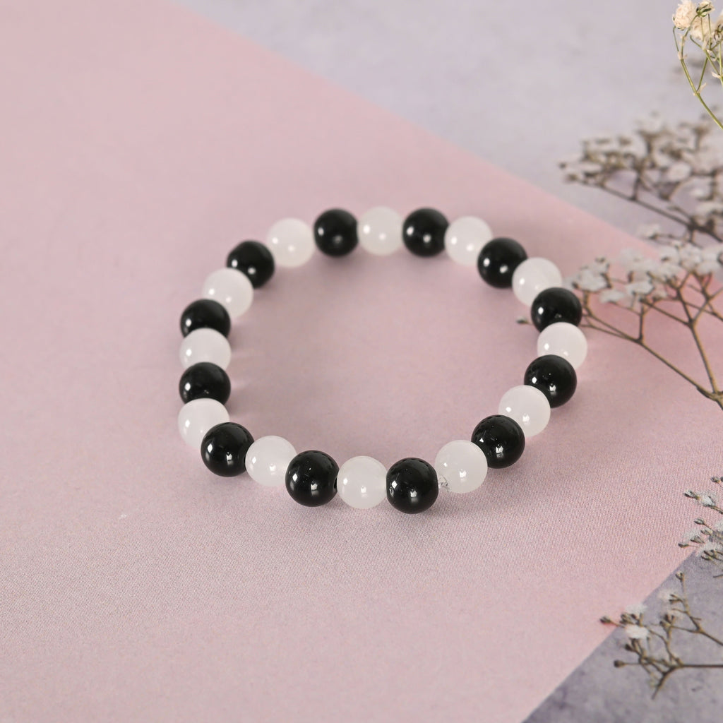 NVR Men & Women White Marble Crystal Beaded Elasticated Bracelet