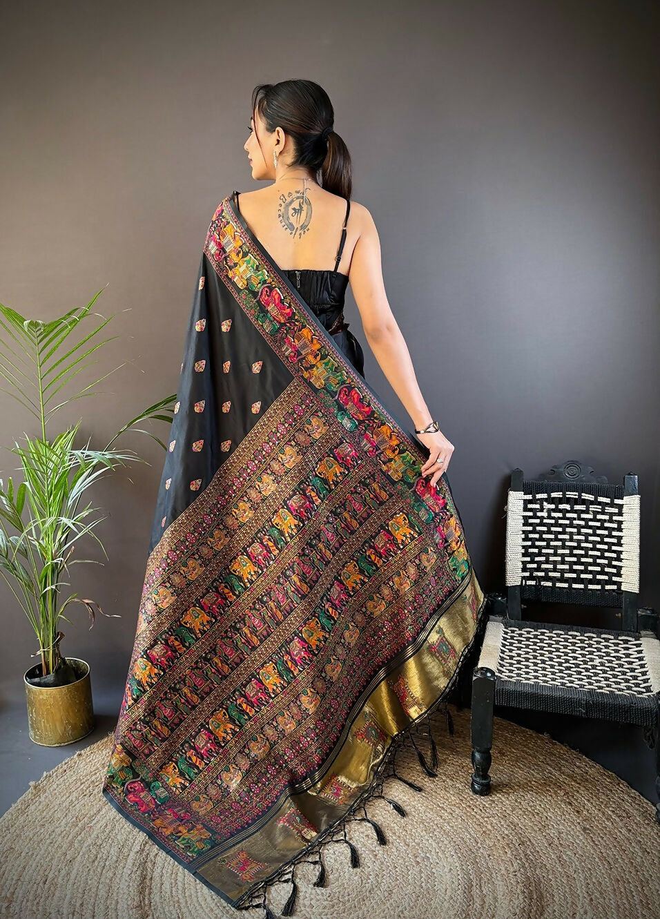 Joban Fashion Black Meena Weaves Pashmina Sarees