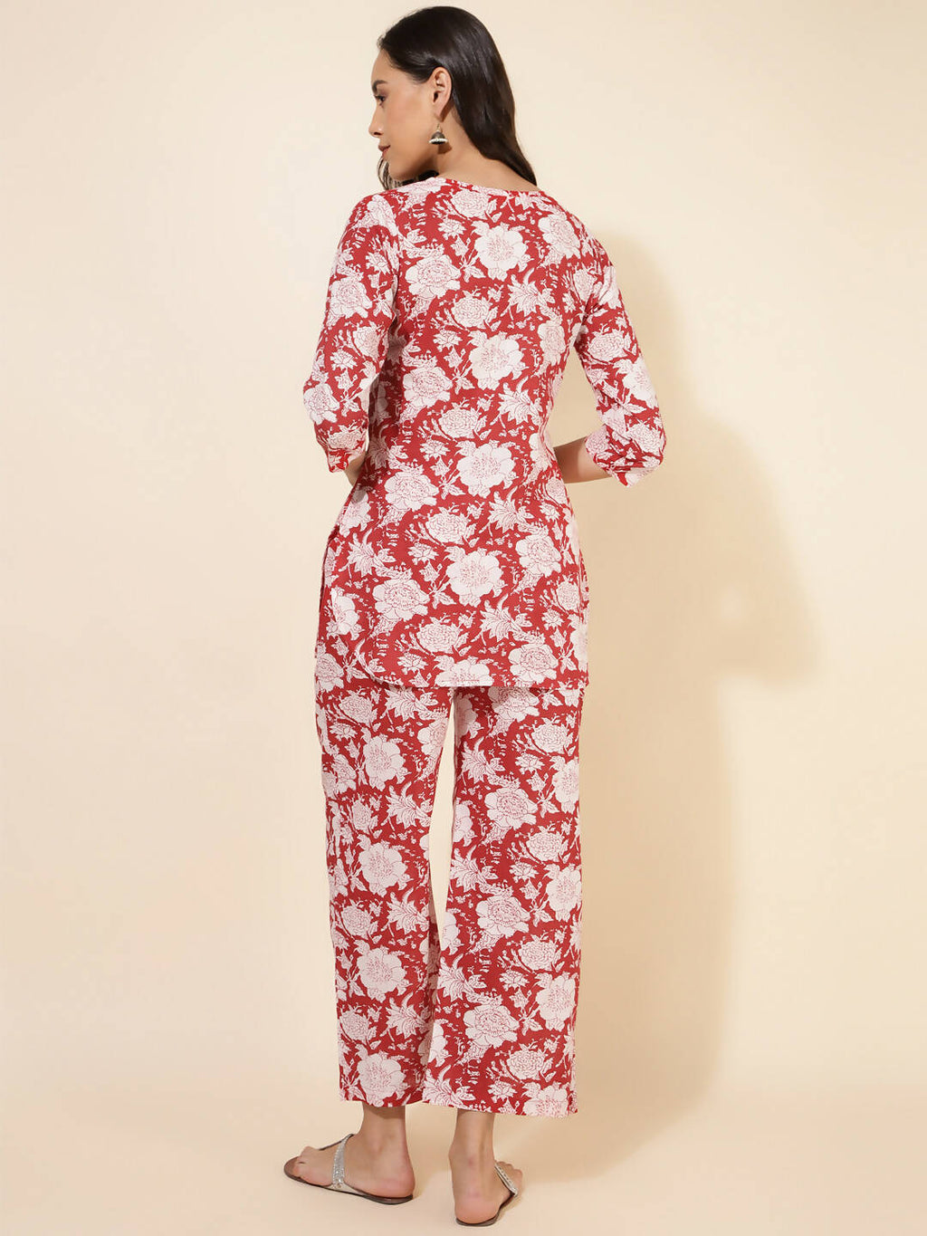 Janasya Women's Red Cotton Cambric Floral Printed Casual Straight Top Set