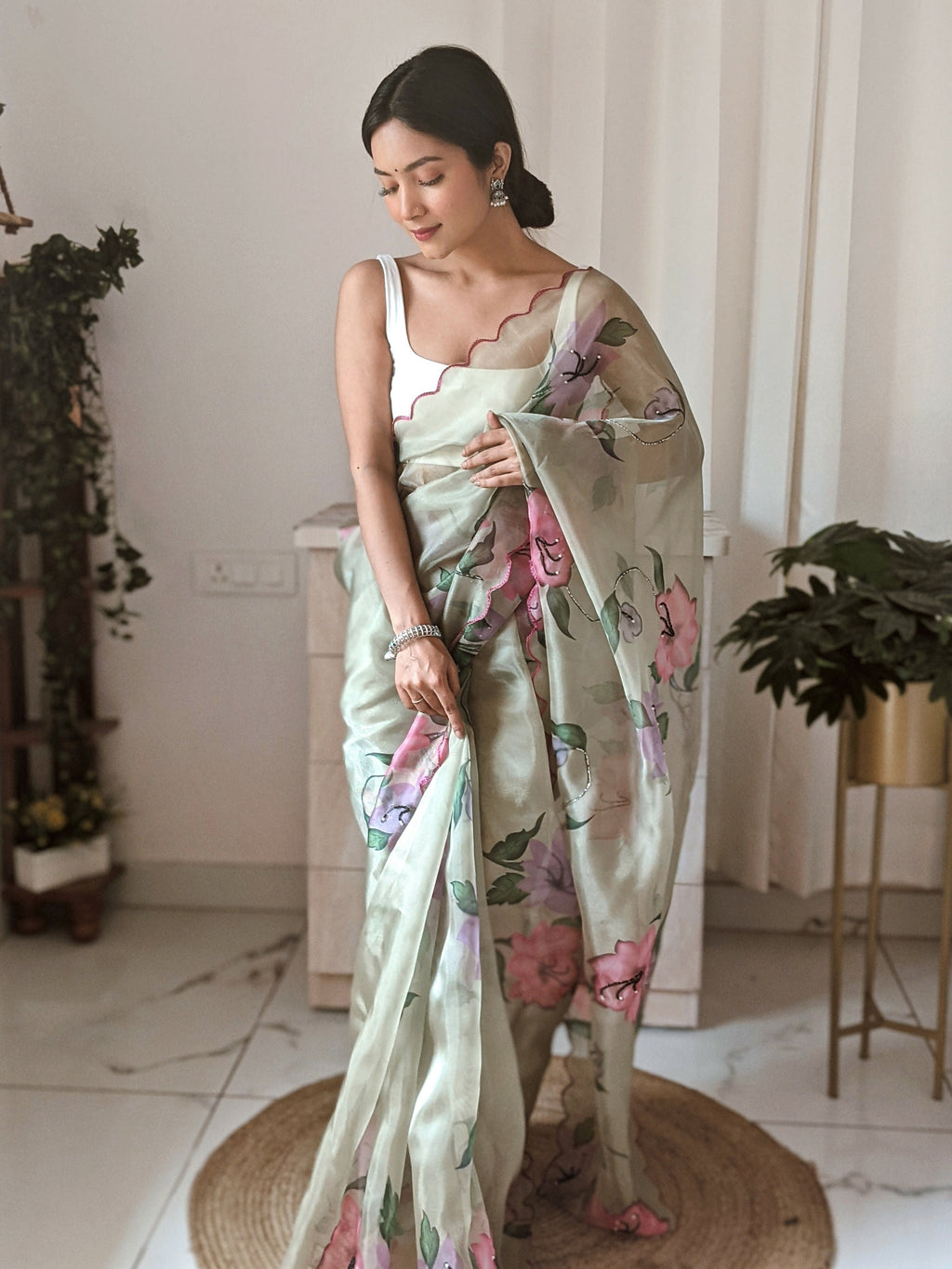 Vamsee Pinki Khatali Green Organza Saree