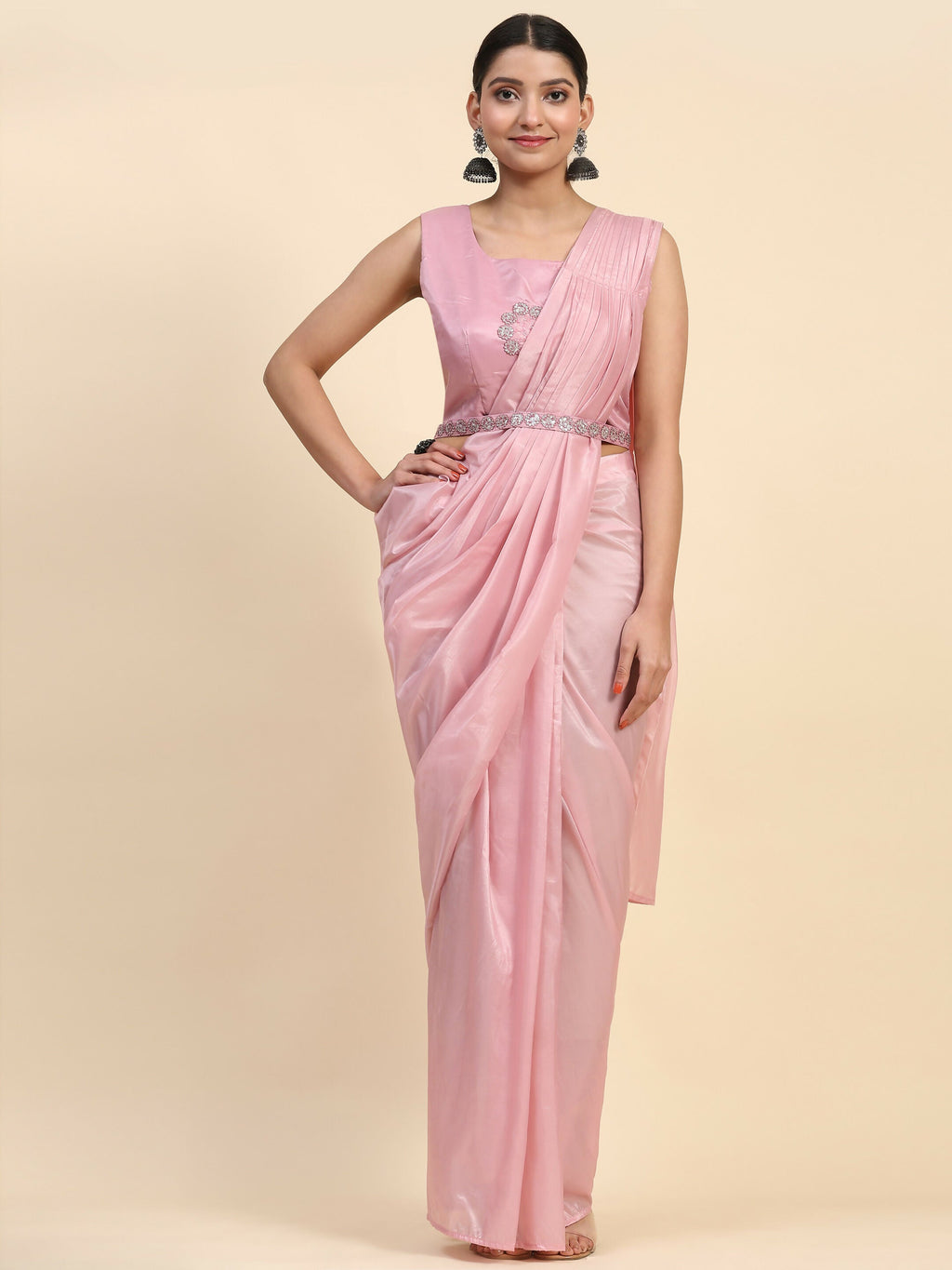 Pink Satin Solid Ready to wear Saree with stitched Blouse - Vanita