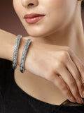 NVR Women's Silver-Toned German Silver Floral Oxidised Kada Bangle