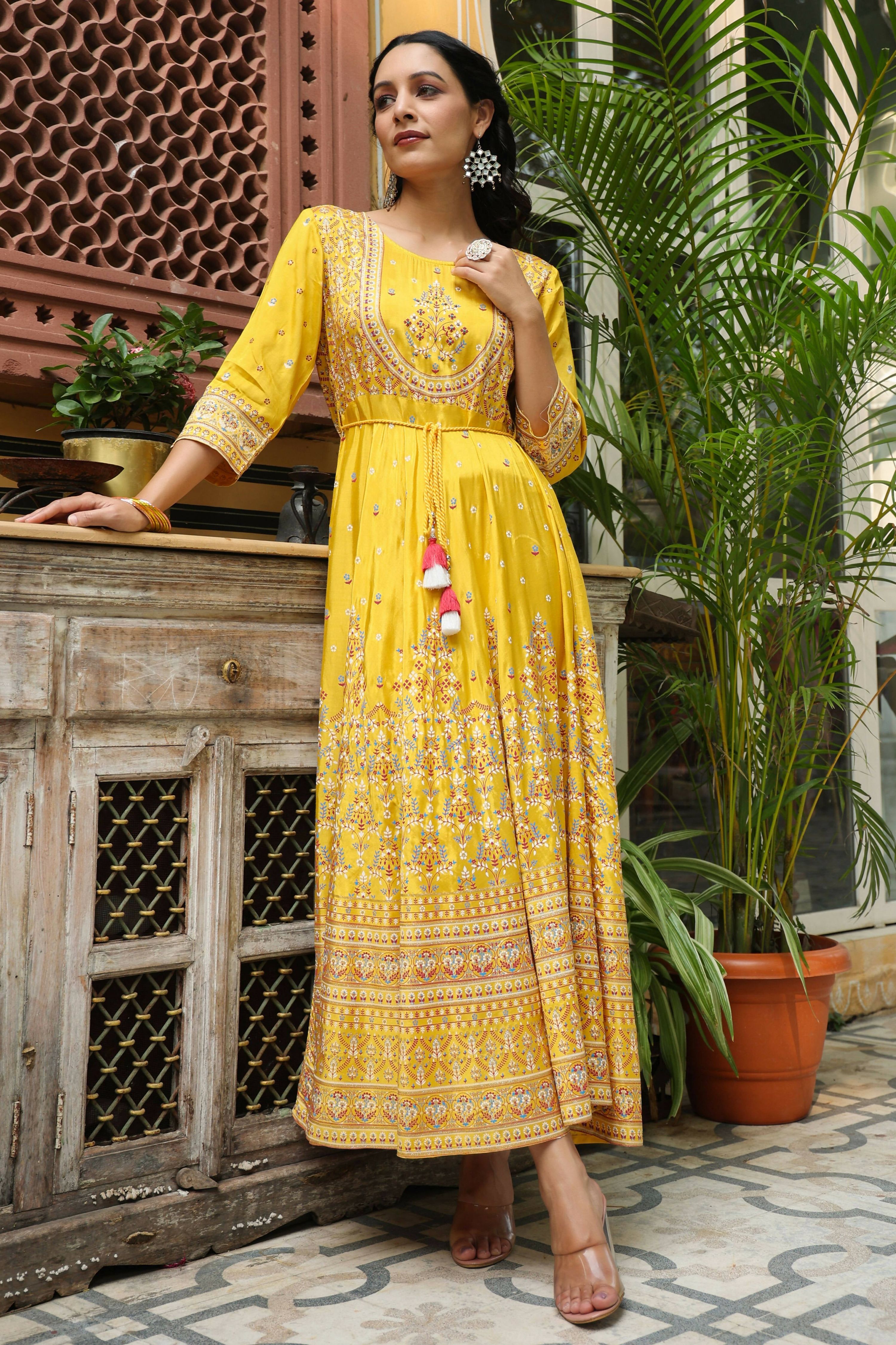 Juniper Women's Mustard Viscose Shantoon Festive Printed Flared Dress