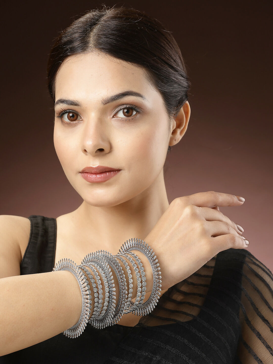 NVR Women's Set of 6 Silver-Toned German Silver Oxidised Bangles