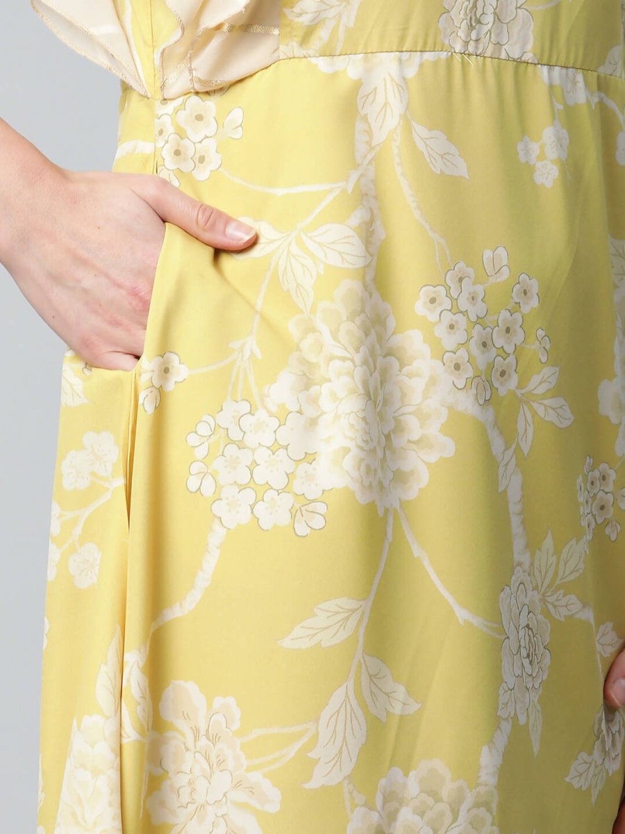 Ahalyaa Womens Lemon Yellow Crepe Floral Dress