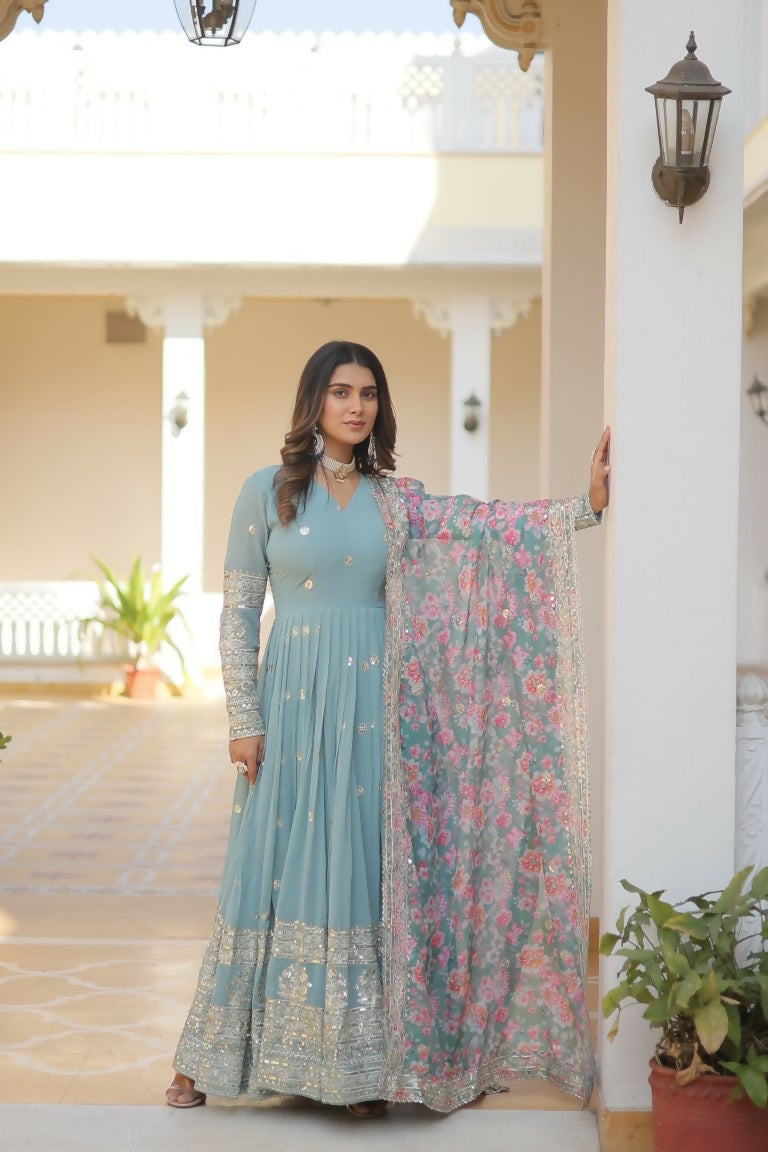 Jyoti Fashion Women's Sky Blue Faux Georgette Sequins Zari Embroideredy Anarkali Dress with Dupatta