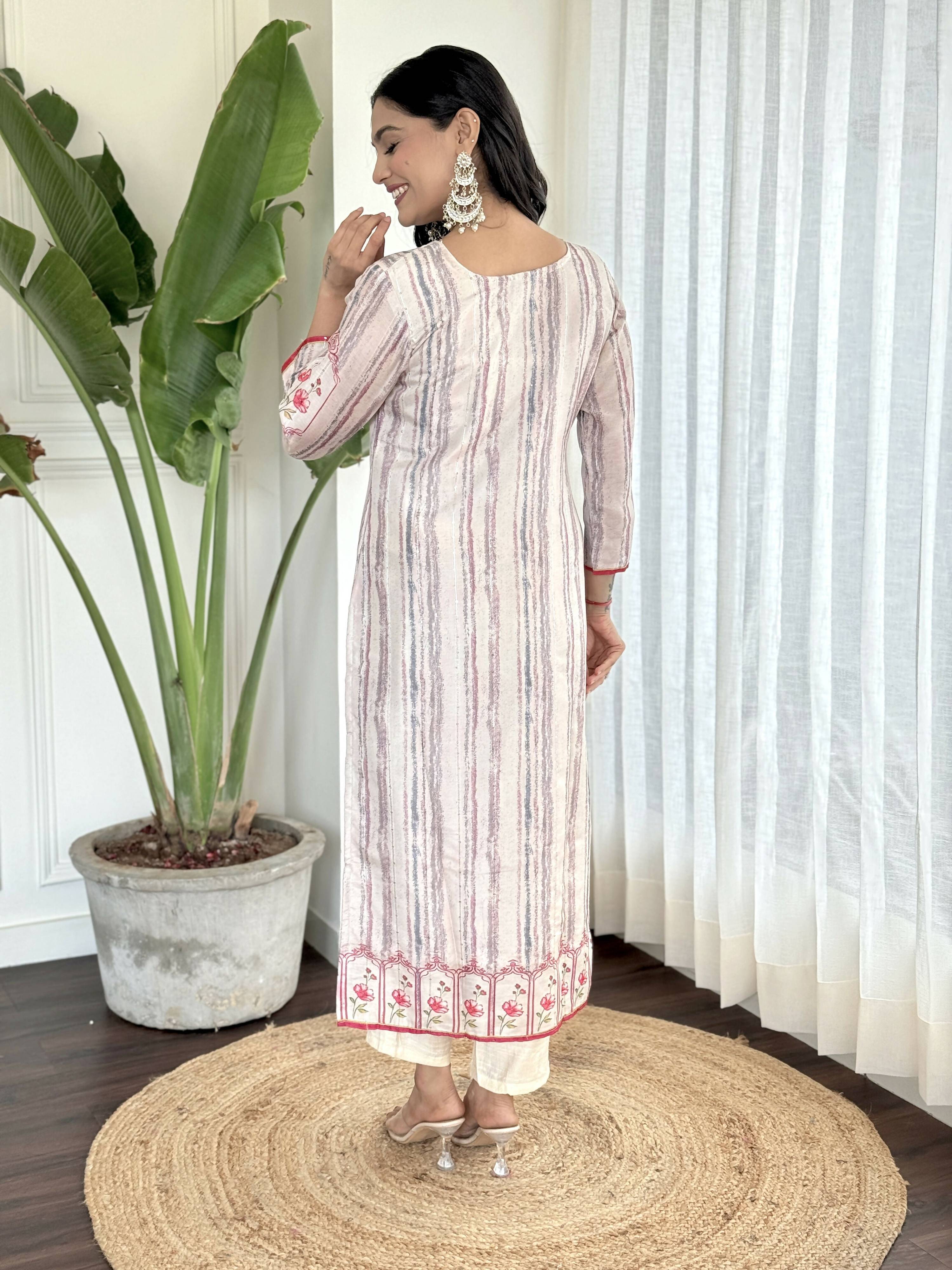 White Multi Viscose Chanderi Stitched Suit With Dupatta - Tanisha