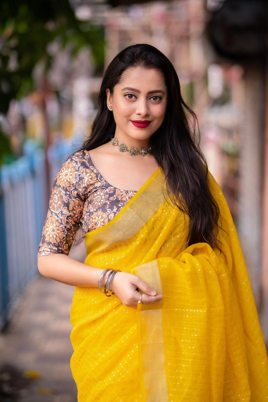 Mustard Linen Sequence Saree with Unstitched Blouse - Hiral Fashion