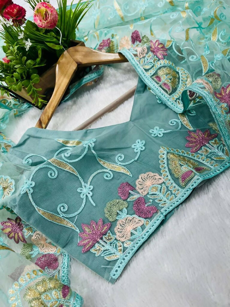 Vastranavya Soft Crush Georgette With Embroidery and Foil Multi Thread Work Saree - Turquoise