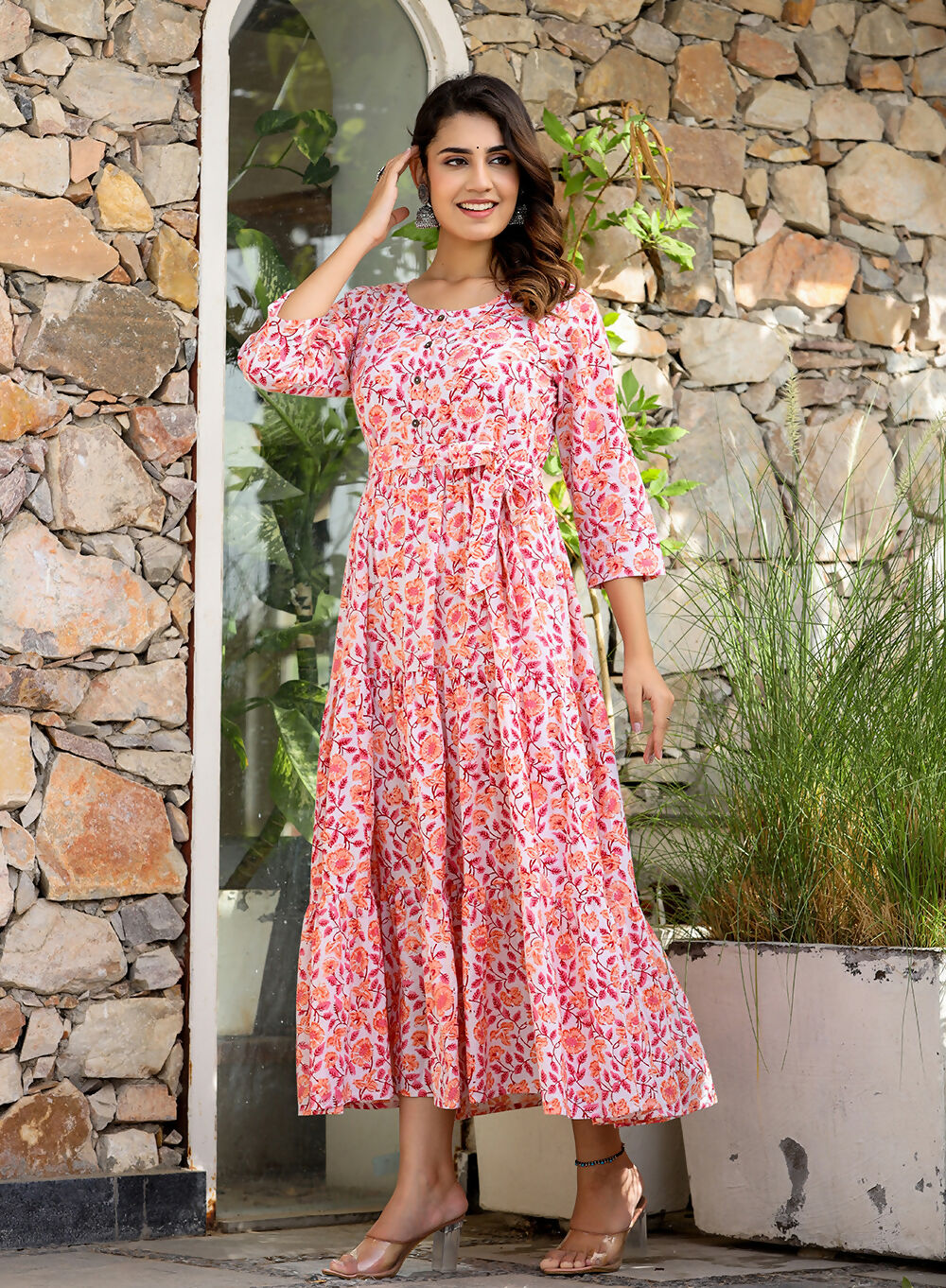 Kaajh Women's Orange Ethnic Floral Hand Block Print Cotton Dress