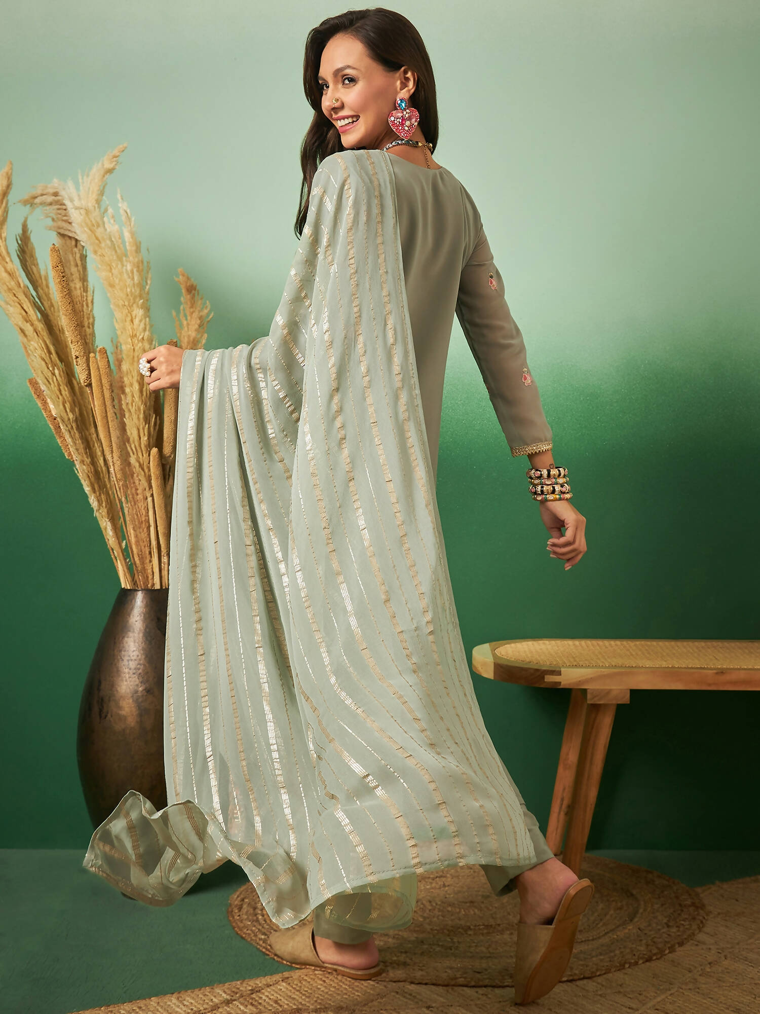 Light Green Georgette Handwork Unstitched Dress Material - Hanika
