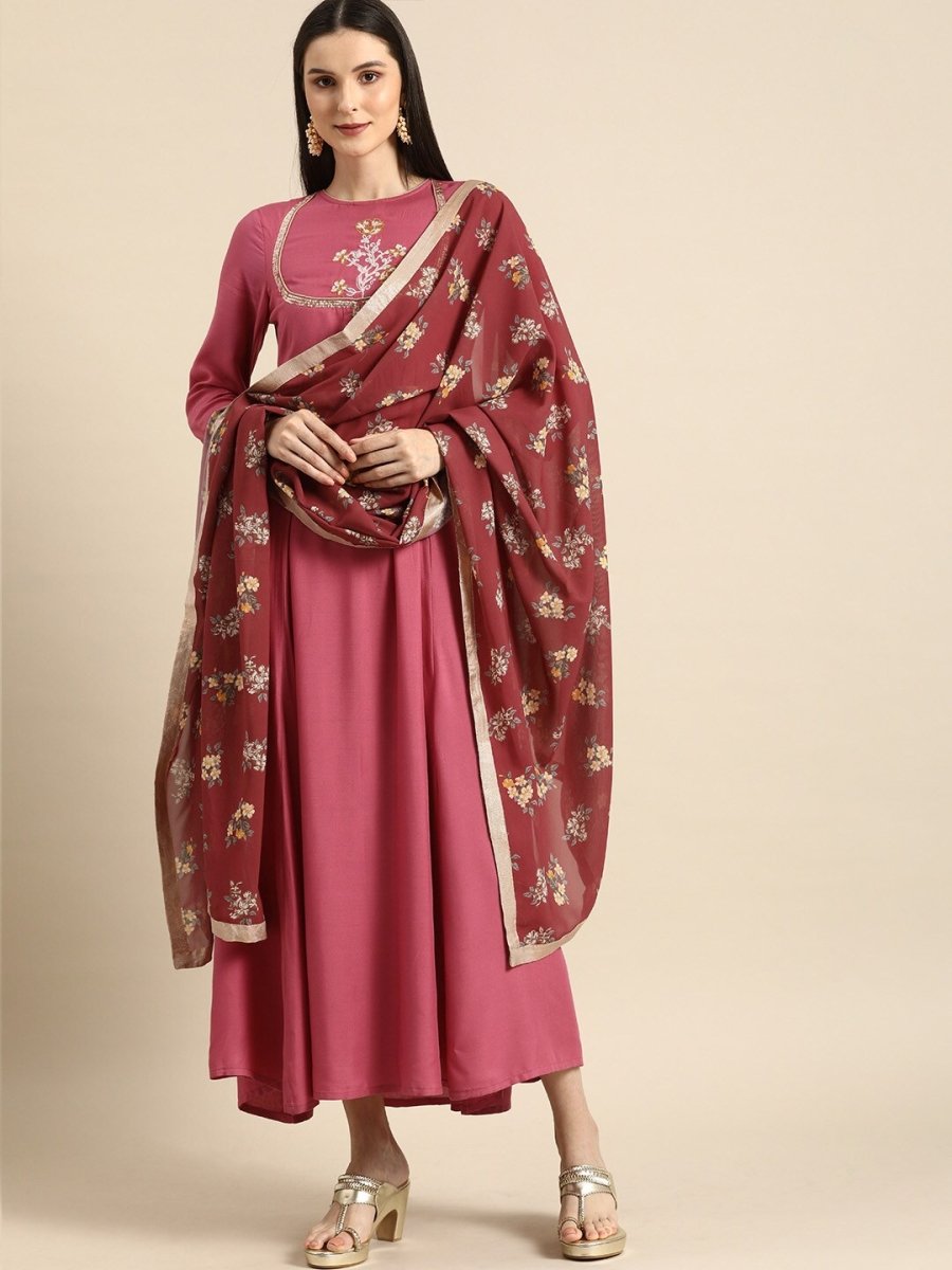 All About You Women Rust Pink Ethnic Motifs Yoke Design Thread Work Kurta with Dupatta