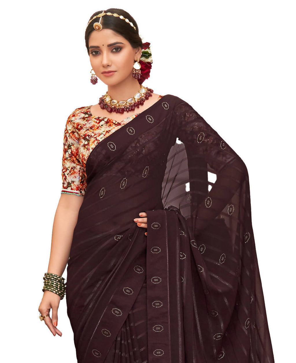 Brown Georgette Swaroski Work Saree With Unstitched Blouse Piece - Juhi