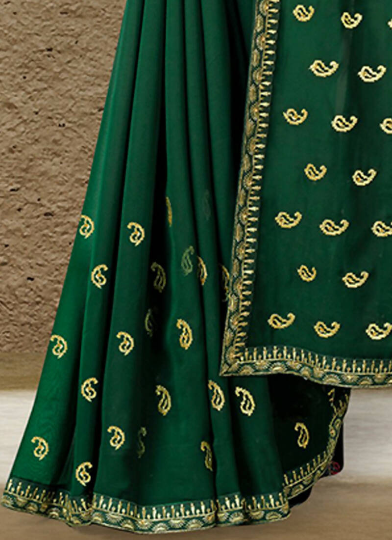 Green Georgette Embroidered Saree with Unstitched Blouse Piece - Avika
