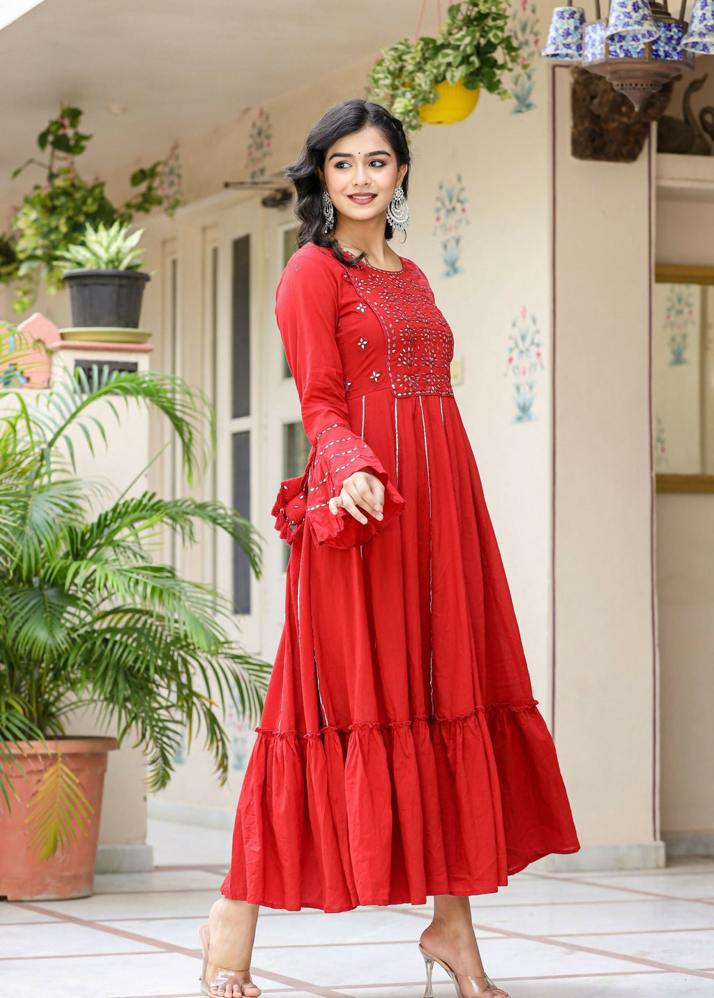 Kaajh Women's Red Mirror Embroidered Cotton Ethnic Dress