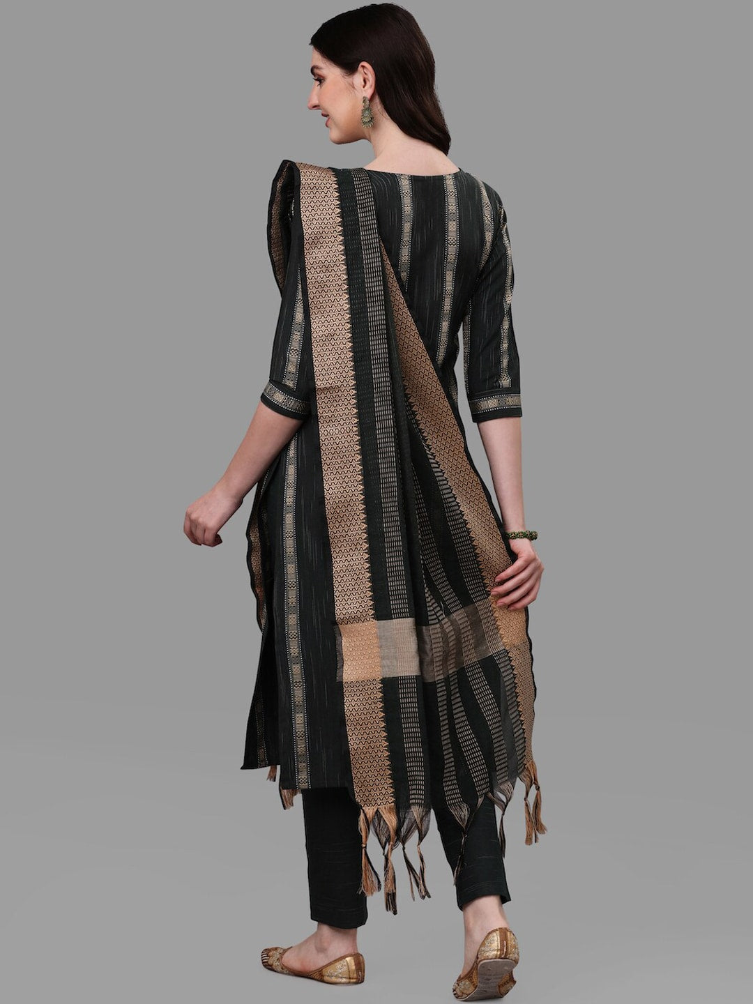 HERE&NOW Green Striped Pure Cotton Kurta With Trousers & Dupatta