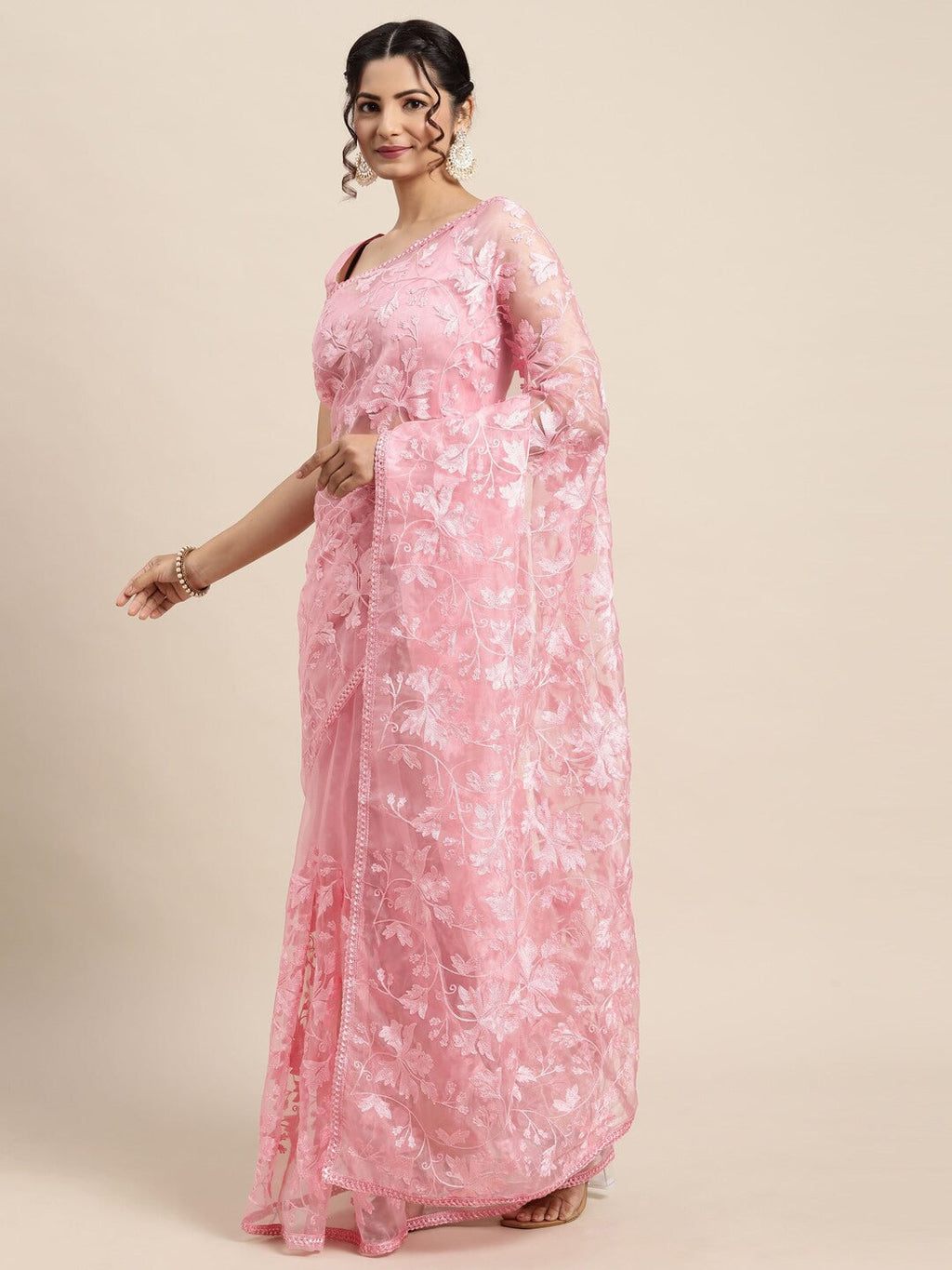 Saree Mall Pink Floral Embroidered Organza Sarees