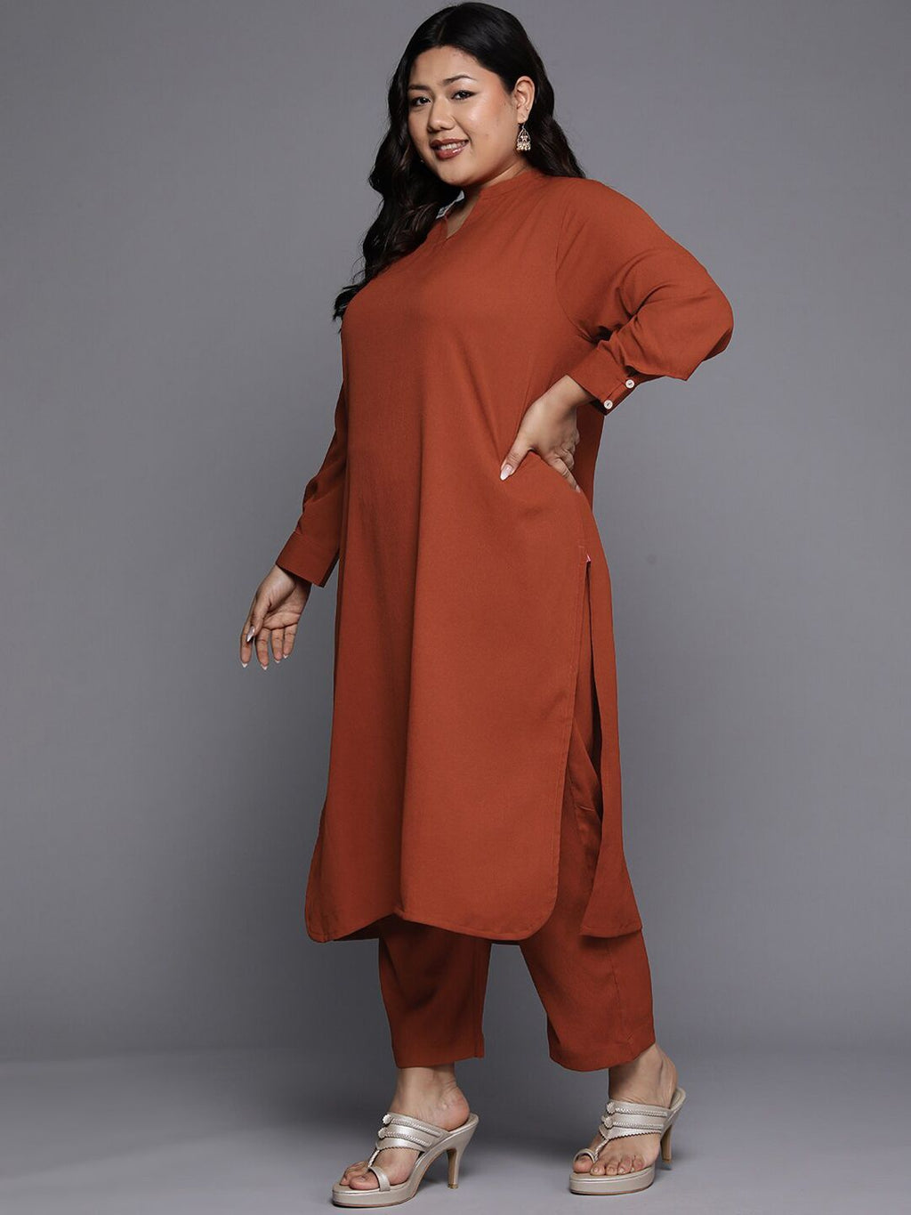 Sztori Plus Size Mandarin Collar Straight Kurta With Trouser