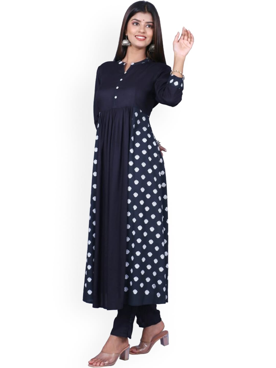 HERE&NOW Women Black Printed Anarkali Empire Kurta with Trousers